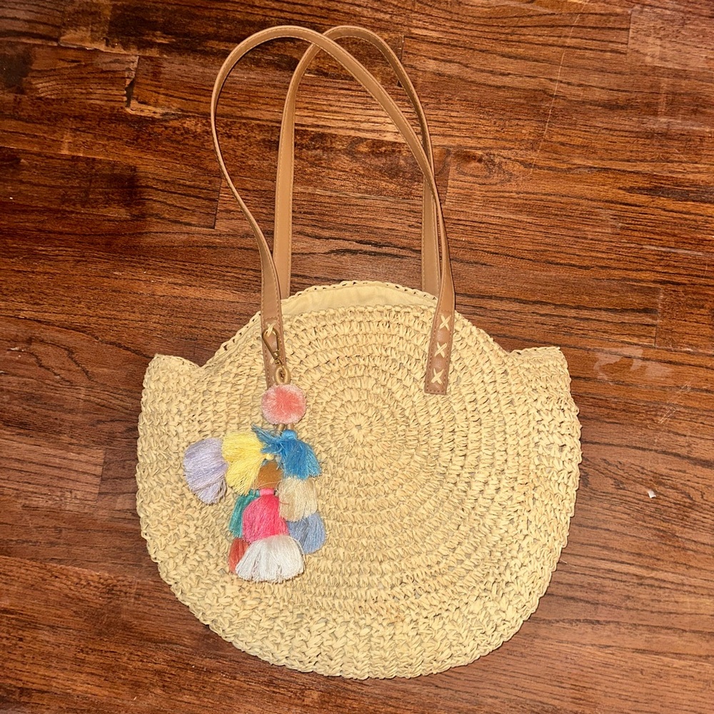 Round Straw Tote with Colorful Tassels